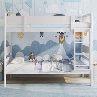 Costway Twin Over Twin Bunk Bed Solid Wood Bed Frame with Ladder Full-length Guardrails - White - Back View
