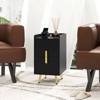Costway Nightstand with Charging Station Home Bedside Sofa Side Tables with 2 Drawers Cafe - Black - Back View