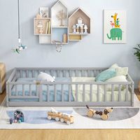 Costway Twin Size Floor Bed with Door & Fence with Safety Guardrails & Slats Support - Gray - Back View