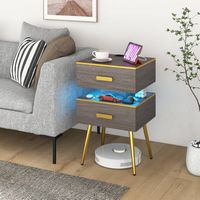 Costway 1 PCS Nightstand with Charging Station Bedside Sofa Side Tables with 2 Drawers - Grey + Gold - Back View
