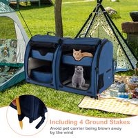 Costway - Portable Pet Carrier Kennel Cat Dog Crate Twin Compartments w/ Mats Litter Box - Navy Blue - Back View