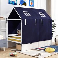 Costway Twin House Bed Solid Wood Playhouse Bed Low Loft Bed with Tent 2 Storage Drawers - White - Back View