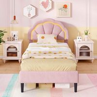 Costway Twin Size Upholstered LED Bed Frame Soft Velvet Platform Bed with Flower Headboard - Pink - Back View