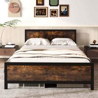 Costway Queen Size Metal Bed Frame with Headboard & Footboard Metal Slats Support - Brown - Back View