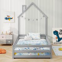 Costway Twin Size Montessori Floor Bed for Toddler with Lockable Door Full-Length Guardrail - Gray - Back View