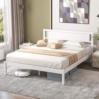 Costway Queen Wooden Platform Bed with 12 Slats Headboard & Under Bed Storage - White - Back View