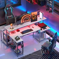 Bestier - L-Shaped Gaming Desk with Power Outlets, LED Lighting and Monitor Stand - White - Back View