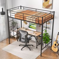 Costway Twin Size Loft Bed Heavy Duty Metal Loft Bed Frame with Safety Guardrail - Black - Back View