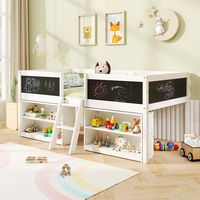 Costway Twin Size Low Loft Bed with Ramp Ladder & Bookcases Full-length Safety Guardrail - White - Back View