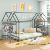 Costway Twin Size House Bed Montessori Floor Bed with Detachable Storage Shelves - Gray - Back View