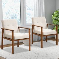 Costway 2 PCS Modern Accent Chair Upholstered Linen Fabric Armchair with Solid Wood Legs - Beige - Back View