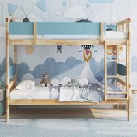 Costway Twin Over Twin Bunk Bed Solid Wood Bed Frame with Ladder Full-length Guardrails - Natural - Back View