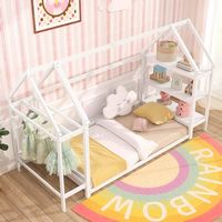 Costway Twin Size House Bed Montessori Floor Bed with Detachable Storage Shelves - White - Back View