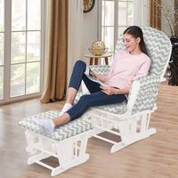 Costway - Glider and Ottoman Cushion Set Wood Nursery Rocking Chair - Light Grey - Back View