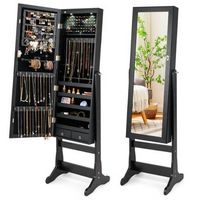Costway - Lockable Mirrored Jewelry Cabinet Armoire Organizer Storage with Stand & LED Lights - B...