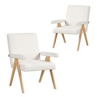 Costway 2 PCS Mid-Century Accent Chair with Solid Rubber Wood Frame and Padded Armrests - Beige +...