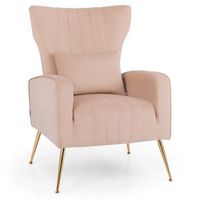 Costway - Velvet Upholstered Wingback Chair with Lumbar Pillow and Golden Metal Legs - Pink