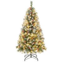 Costway - 5 FT Artificial Christmas Tree Hinged w/ 200 Warm LED Lights & 126 Red Berries - Green/...