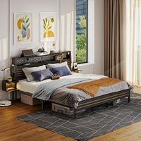 Bestier King Bed Frame Golden Stripe Headboard LED Nightstands Metal Platform No Box Spring - Black