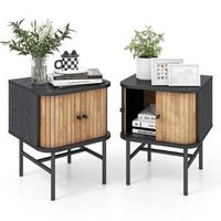 Costway - Set of 2 Nightstand Compact Modern End Side Table with Sliding Doors - Black