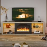 Bestier 70-Inch LED Fireplace TV Stand in White with Tempered Glass Shelves and Open Storage Cabi...