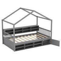 Costway Twin Size House Bed Wooden Platform Bed Frame with Roof &amp; 14 Storage Cubes - Gray