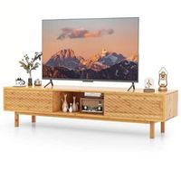 Costway - 63&quot; Bamboo TV Stand with 3 Storage Cubes Sliding Doors Mid Century Storage Cabinet - Na...