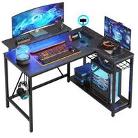 Bestier - L-Shaped Gaming Desk with Power Outlets LED Lights and Reversible Storage Shelves & Hoo...