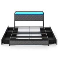 Costway Queen Size Bed Frame with LED Lights & Charging Station Storage Headboard - Black