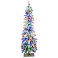 Costway - 4 FT Pre-Lit Slim Christmas Tree Flocked Xmas Decoration 11 Modes 100 LED Lights - Gree...