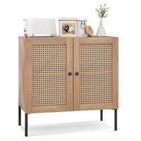 Costway - Rattan Buffet Sideboard Cabinet Cupboard w/ Adjustable Shelf Oak - Oak