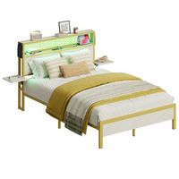 Bestier Full Bed Frame with Headboard Foldable Shelves LED Lighting Charging Station Non-Slip Met...