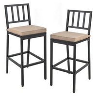 Costway Set of 2 Patio Metal Bar Stools Outdoor Bar Height Dining Chairs with Cushion - Black + B...