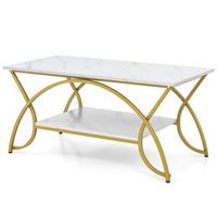 Costway - Coffee Table Modern Marble 2-Tier Coffee Table  Gold Rectangle for Living Room - White ...