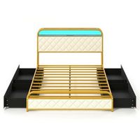 Costway Full Size Bed Frame with LED Lights & Charging Station Storage Headboard & Drawers - Gold...