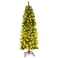Costway - 6Ft Pre-lit Artificial Pencil Christmas Tree Hinged Fir PVC Tree /250 LED Lights - Green