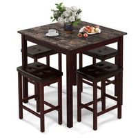 Costway 5 PCS Bar Table Set Square Dining Table & 4 PVC Leather Upholstered Bar Stools - Brown