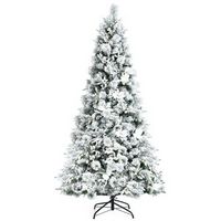 Costway - 7ft Snow Flocked Hinged Christmas Tree w/Berries & Poinsettia Flowers - Green/White