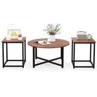 Costway 3 PCS Coffee Table Set Round Coffee Table and 2PCS Square End Tables Metal Frame Walnut -...