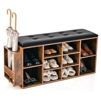 Costway - Wooden Shoe Bench 10-Cube Storage Organizer with Padded Cushion & Umbrella Holder - Bla...