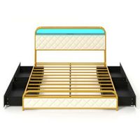 Costway Queen Size Bed Frame with LED Lights & Charging Station Storage Headboard & Drawers - Gol...