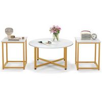 Costway 3 PCS Coffee Table Set Round Coffee Table and 2PCS Square End Tables Metal Frame White - ...