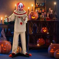 Costway - 5 FT Grins Animatronic Killer Clown Halloween Decoration with Glowing Red Eyes - White/Red