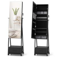 Costway - Jewelry Cabinet Armoire Full Length Mirror Lockable with Bottom Drawer & Wheels - Black