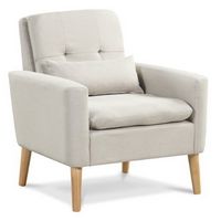 Costway - Mid-Century Modern Linen Accent Chair with Lumbar Pillow - Beige