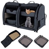 Costway - Portable Pet Carrier Kennel Cat Dog Crate Twin Compartments w/ Mats Litter Box - Black
