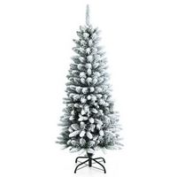 Costway - 4.5ft Snow-Flocked Hinged Artificial Christmas Pencil Tree w/ 373 Mixed Tips - Green/White