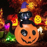 Costway - 5 FT Tall Halloween Inflatable D&#233;cor Black Cat Sitting in Pumpkin w/ LED Lights - Orang...