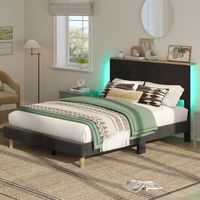 Bestier - Bed Frame Bed with LED Light & Adjustable Storage Headboard for Bedroom Upholstered Pla...