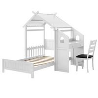 Costway Twin House Bed with Desk & Chair with 2 Drawers Windmill Fence & Headboard for Teens - White